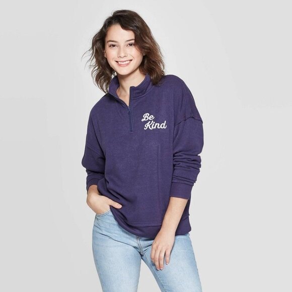 Grayson Threads Tops - Women's Be Kind 1/4 Zip Graphic Sweatshirt - Grayson Threads (Juniors') - Navy M